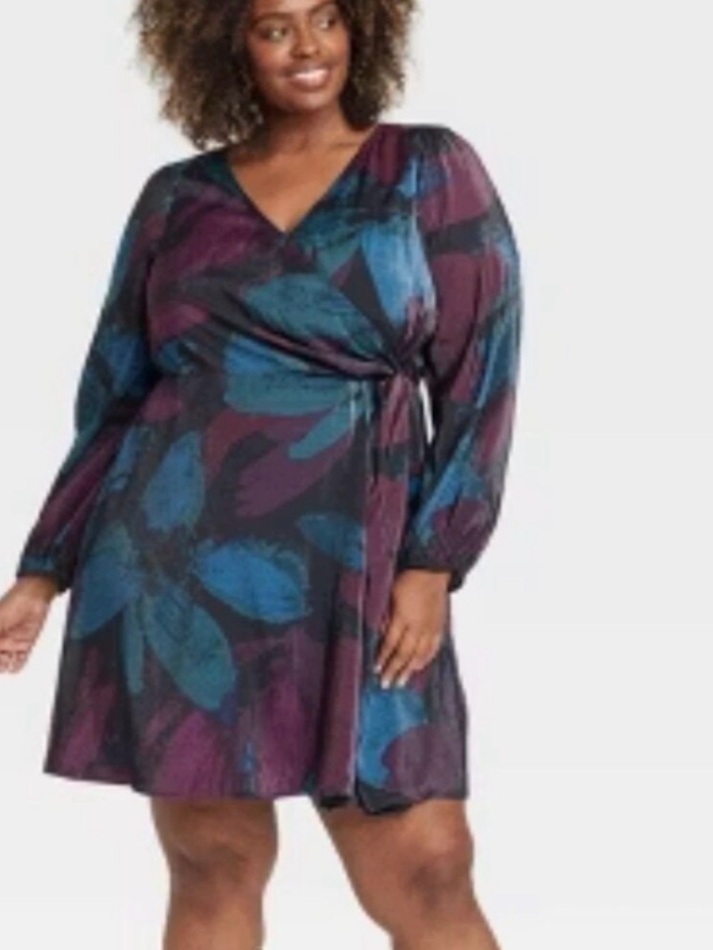 Ava Viv Midi Wrap Dress Women's Plus Size 3X Balloon Long Sleeve Abstract Floral